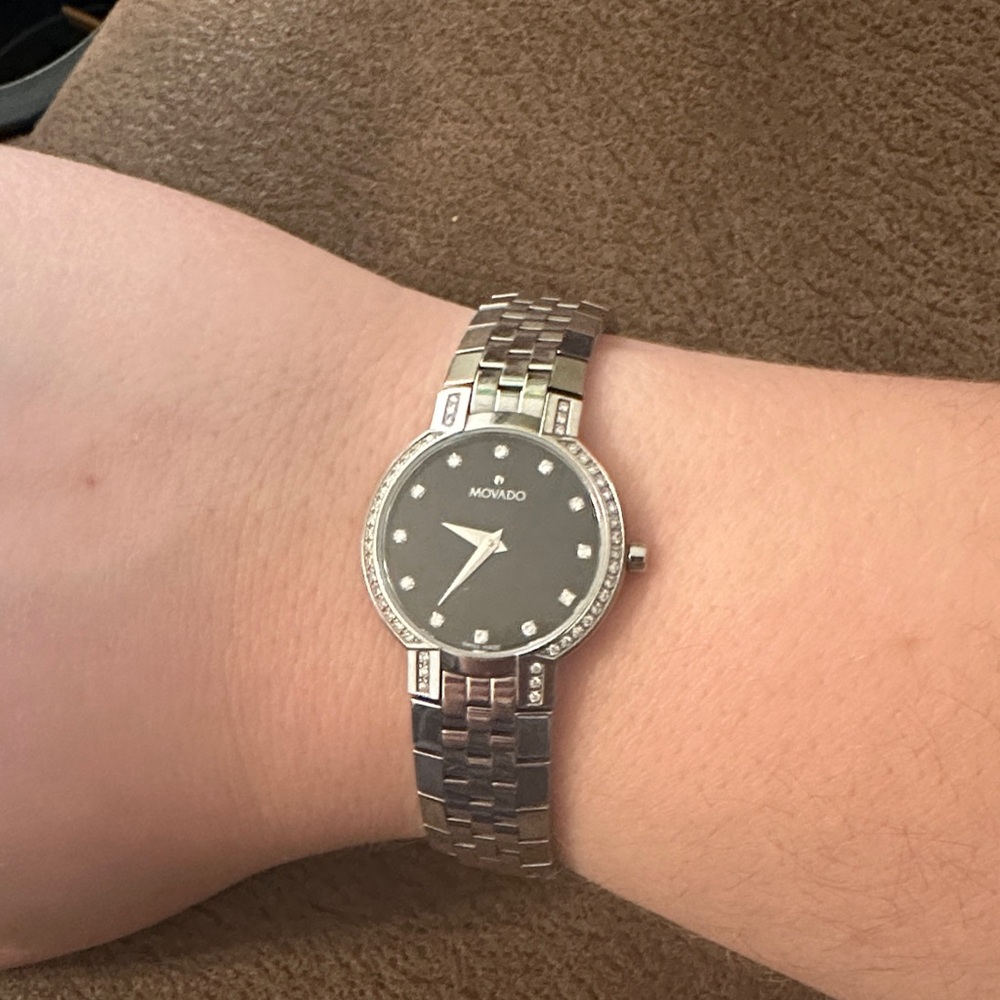 Movado Classic Silver Watch with Black Dial